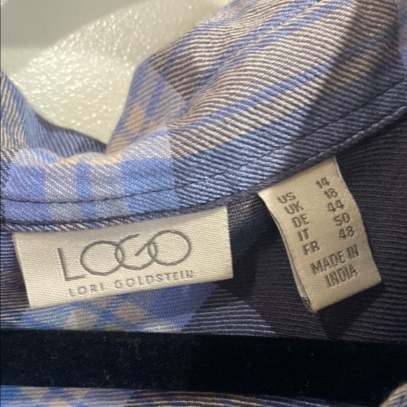 LOGO by Lori Goldstein Blue Plaid Button Down Shirt with Cream Lace - Picture 2 of 8
